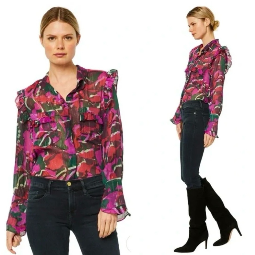 Misa Los Angeles Anita Sparkle Abstract Floral Top Ruffles Long Sleeve SZ XS EUC